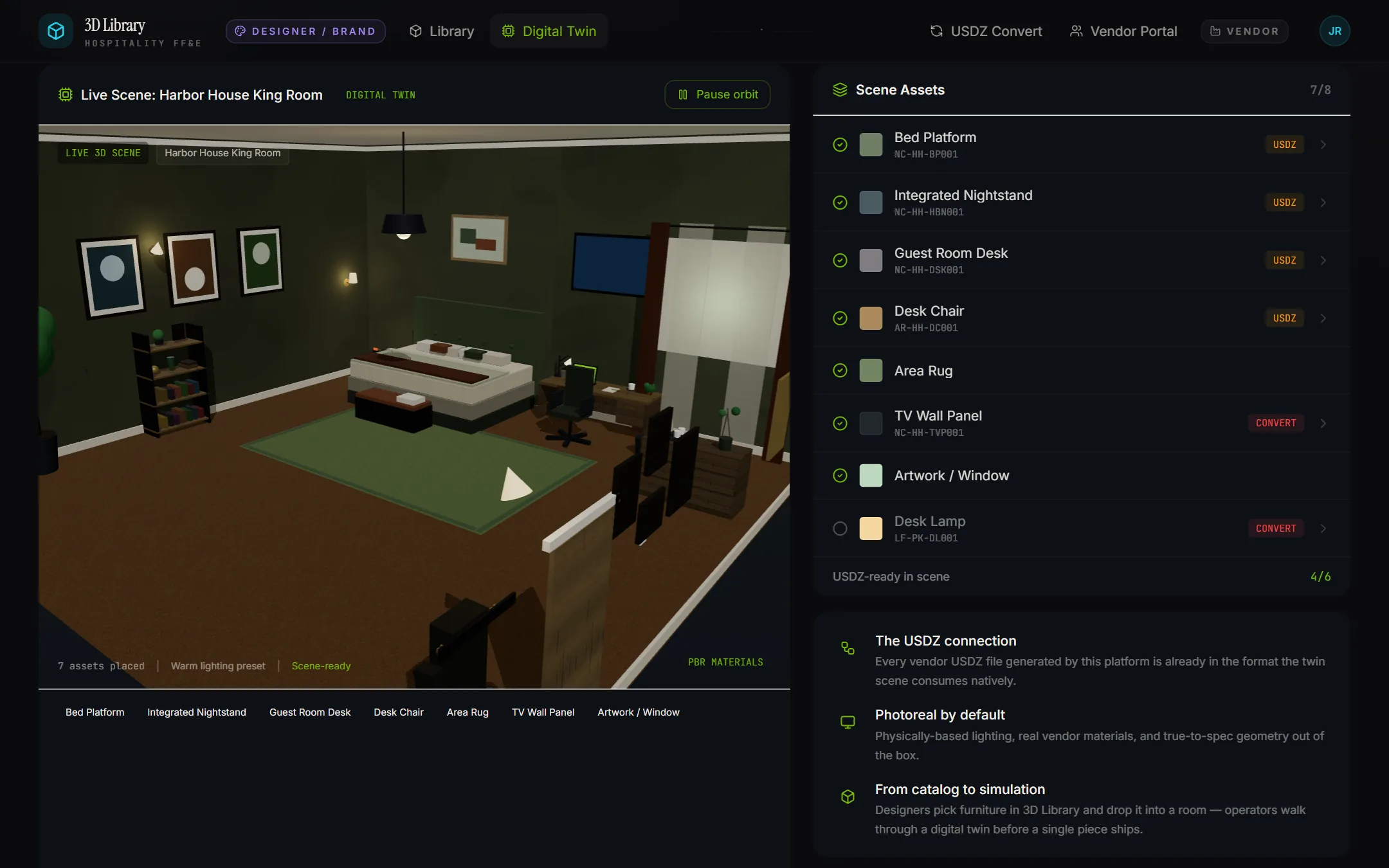 3D Library digital twin: a furnished hotel king room rendered in real time next to the list of library assets placed in the scene