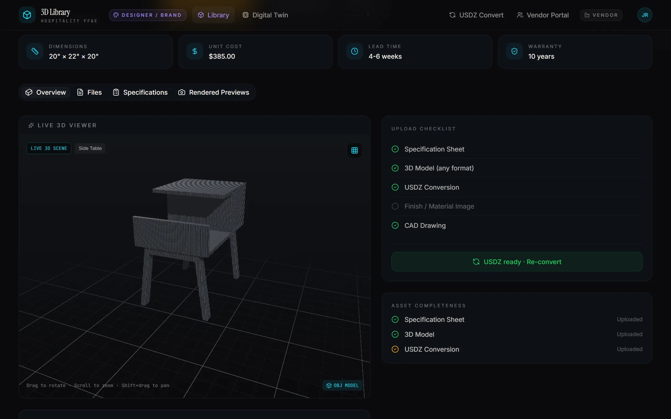 3D Library item page: a side table rotating in the live 3D viewer beside the upload checklist and asset completeness panels