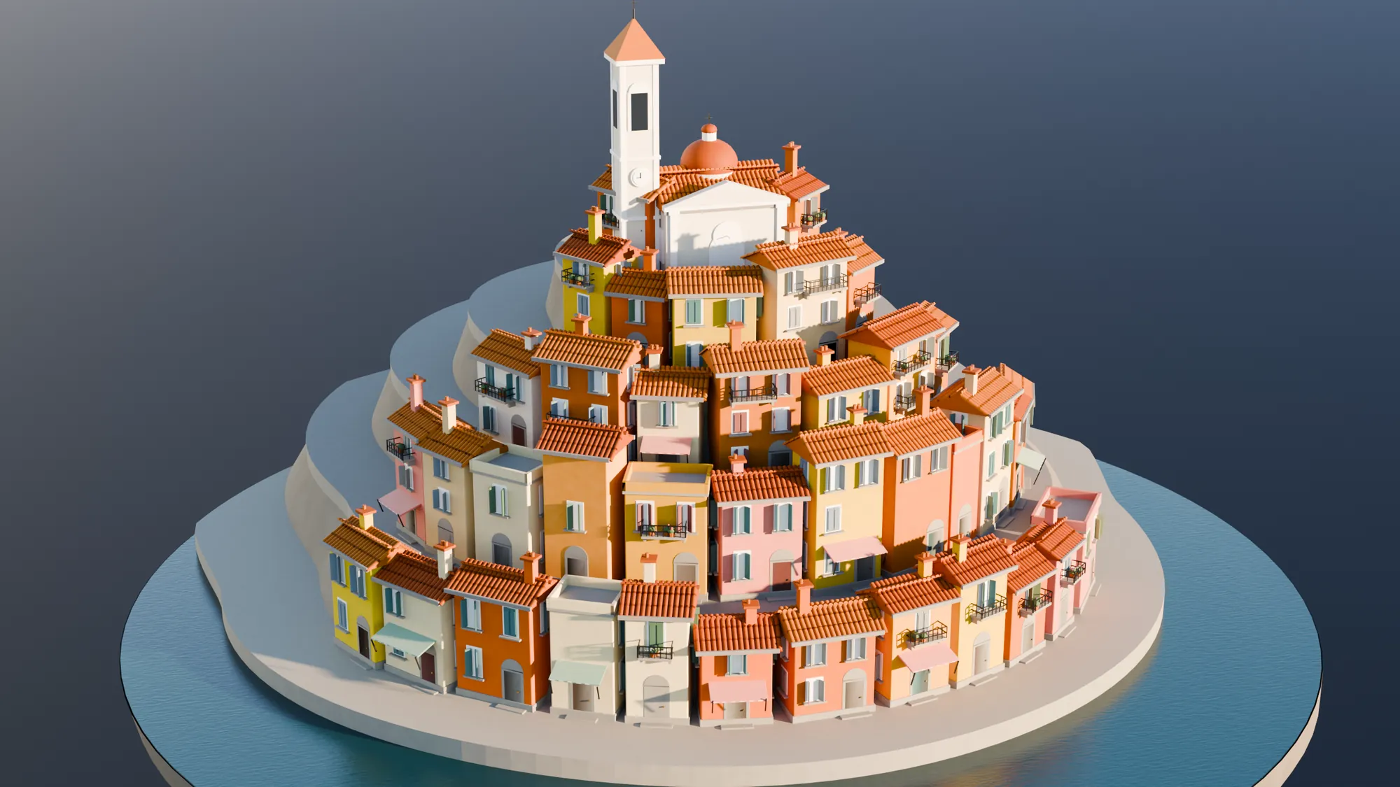 Blender diorama of a hillside Mediterranean village on a round island