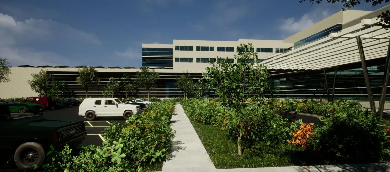 The hospital rebuilt in Unreal Engine: the entrance, landscaping and parking in real-time ray-traced lighting