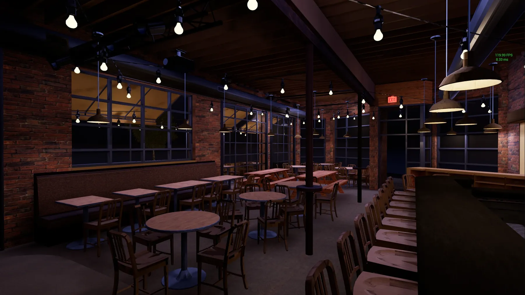 Ravinia Brewing taproom interior in Unreal Engine: brick walls, string lights, bar and tables